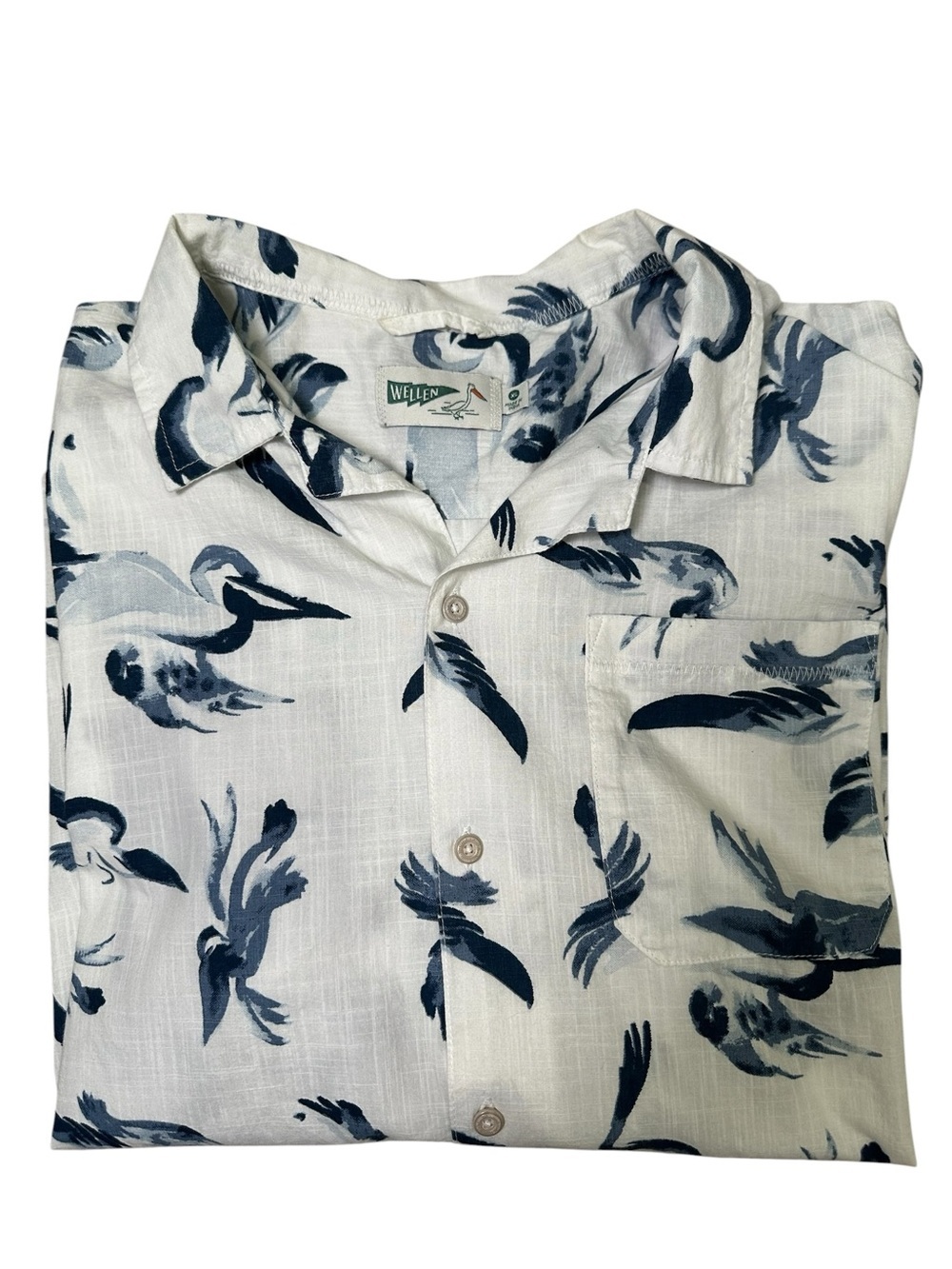 Wellen XL Cotton Camp Collar White & Navy Pelican Short Sleeve Button Shirt